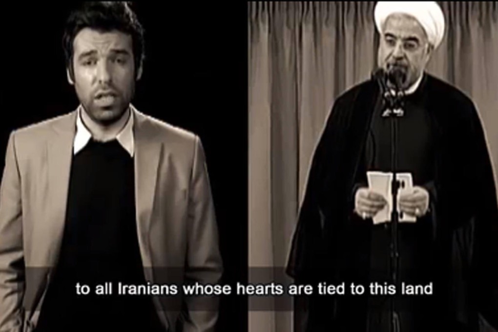 A screen grab from the music video, with President Rowhani (right) and an Iranian man speaking his words. Photo: SCMP