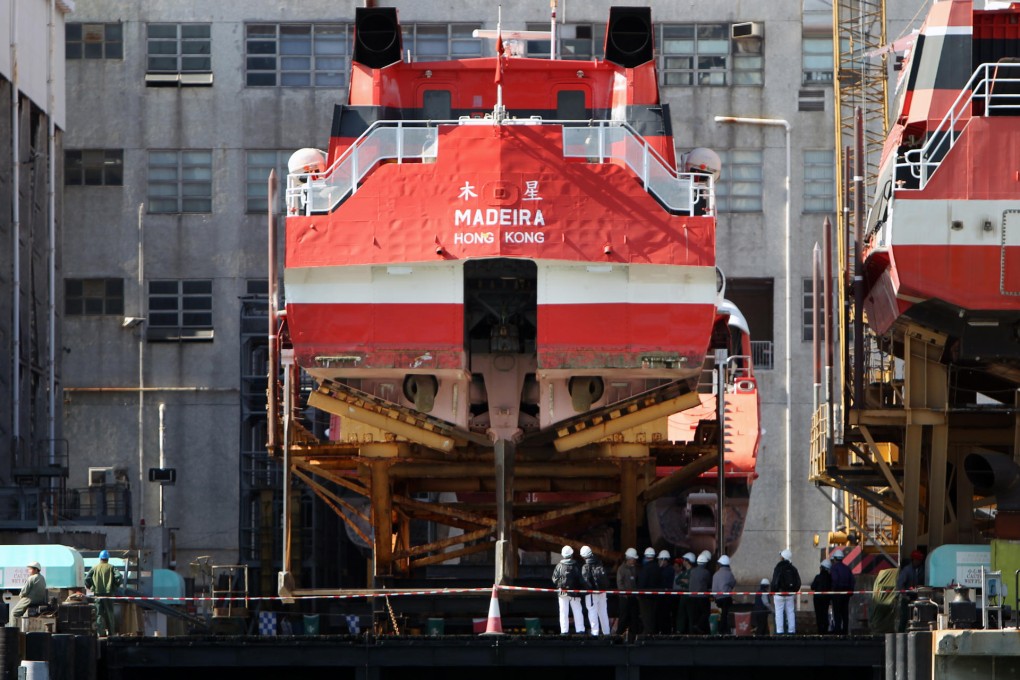 The Madeira is docked at a shipyard for further investigation after the accident off Hei Ling Chau early yesterday morning. Photo: AP