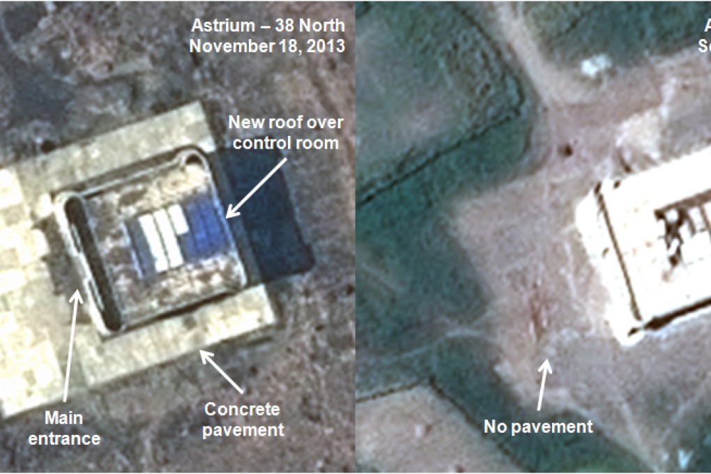 This combination of satellite images taken by Astrium on November 18 (left), and September 16 (right) shows what appears to be a rocket assembly building and launch control centre at Tonghae on North Korea's northeast coast. Photo: AP