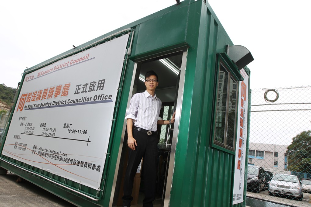 Stanley Ho Ngai-kam, a Eastern District Councillor, uses a cargo container as his office in Heng Fa Chuen.