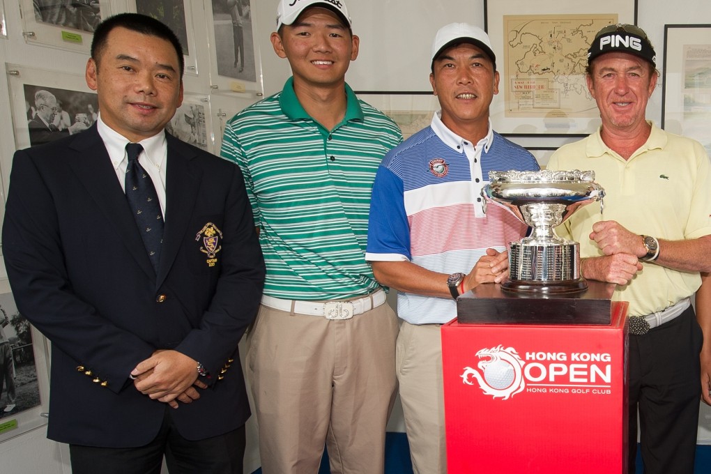 Sidney Cheng (left) with golfers Jason Hak, Zhang Lianwei and Miguel Angel Jimenez at the 55th anniversary celebration of the Hong Kong Open. Photo: SCMP Pictures