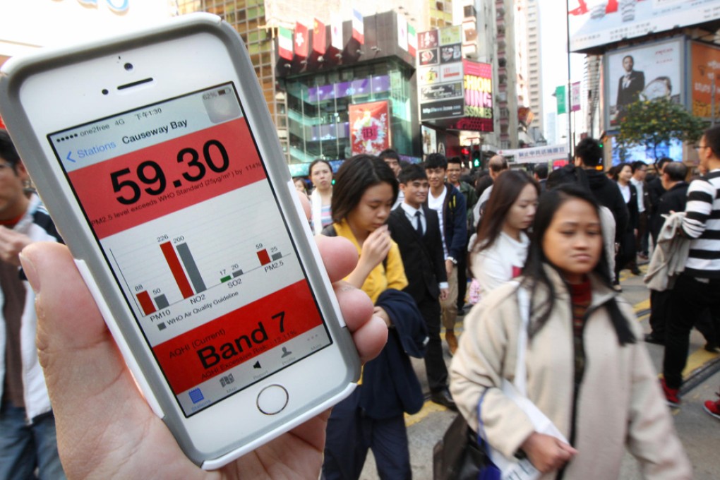 A photo illustration showing the mobile application of the Air Quality Health Index operating in Causeway Bay. Photo: Felix Wong