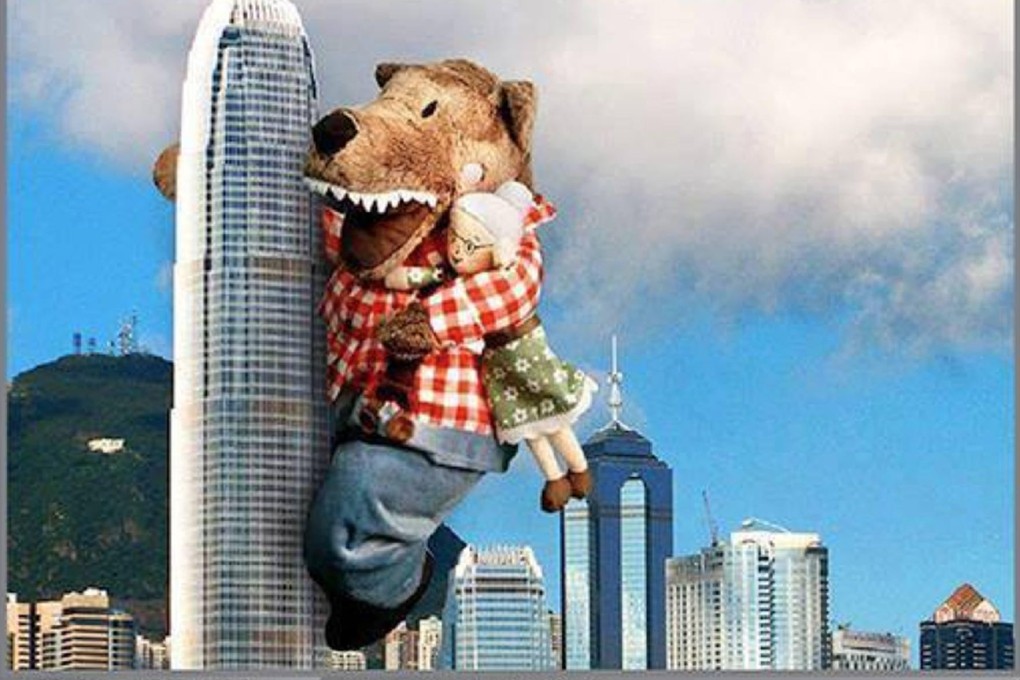 Lufsig, the toy wolf that is now a symbol of protest against the government, in a take-off of King Kong. Photo: SCMP