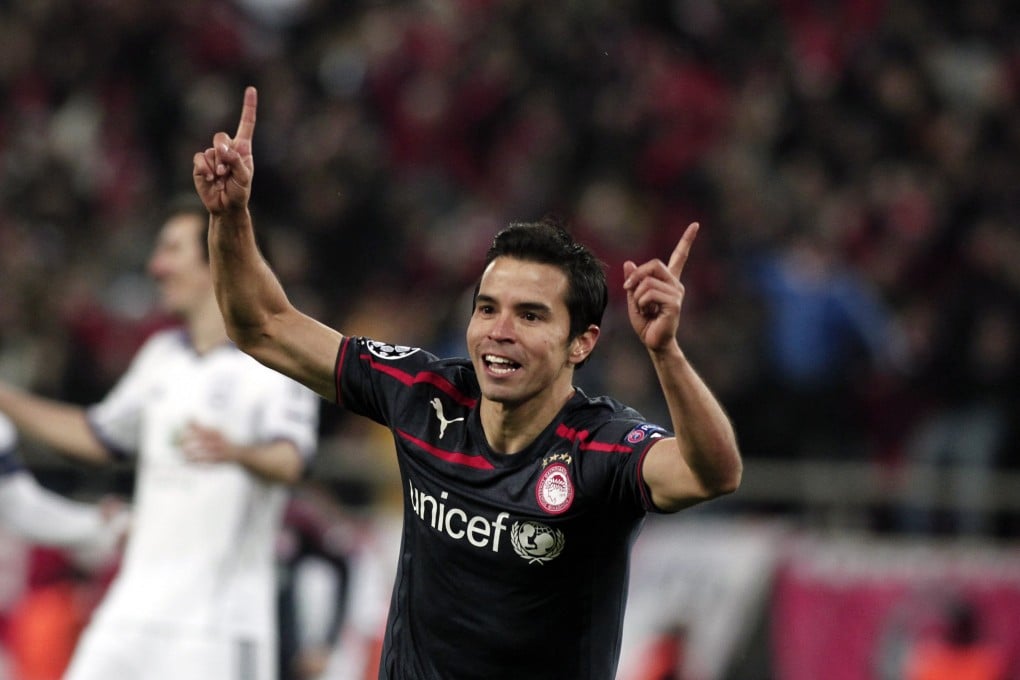 Olympiakos' Javier Saviola celebrates after scoring against Anderlecht at Karaiskaki Stadium in Piraeus, Greece. Photo: EPA