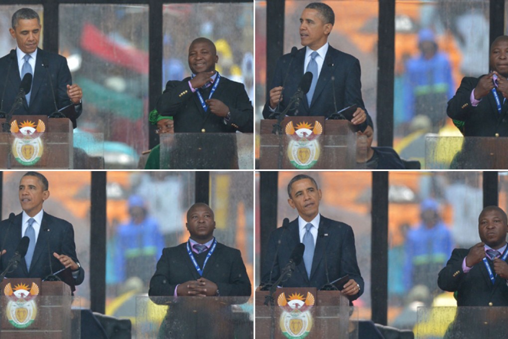 Sign language interpreter Thamsanqa Jantjie has been branded a fake by South Africa’s deaf community. Photo: AFP