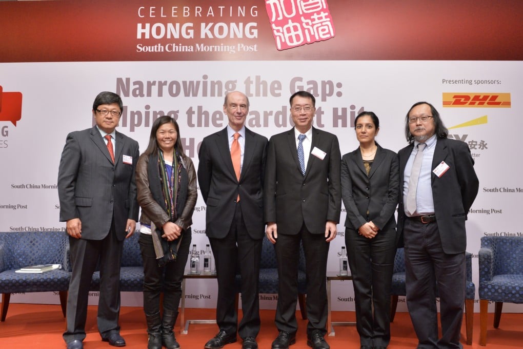 (Left to right) Robin Hu, CEO of SCMP Group; Fermi Wong, founder and executive director of Hong Kong Unison; Leo Goodstadt, former Chief Policy Advisor to the Hong Kong Government; Prof. Francis Lui from Hong Kong University of Science and Technology; Shalini Mahtani, founder & board of director of Community Business; Alex Lo, SCMP Columnist.