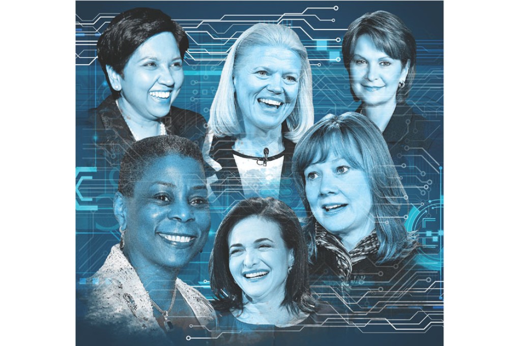 Top executives (clockwise from top left): Indra Nooyi, Virginia Rometty, Marillyn Hewson, Mary Barra, Sheryl Sandberg and Ursula Burns. Illustration: Henry Wong