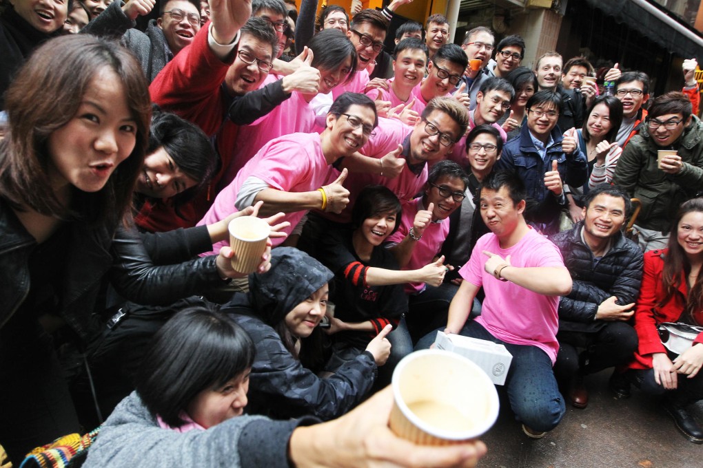 Cafe Union members and coffee fans at Wo On Lane in Lan Kwai Fong yesterday. Photo: Sam Tsang