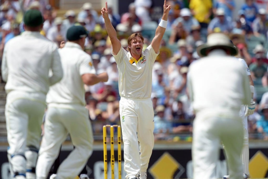 Australian all-rounder Shane Watson celebrates the wicket of England batsman Michael Carberry yesterday at the WACA in Perth. Photo: AFP