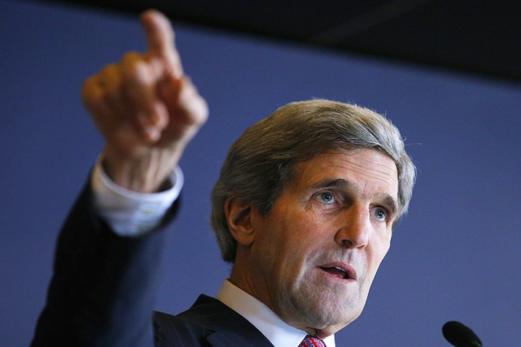 US Secretary of State John Kerry speaks to the American Chamber of Commerce in Manila, Philippines on Tuesday. Photo: AP