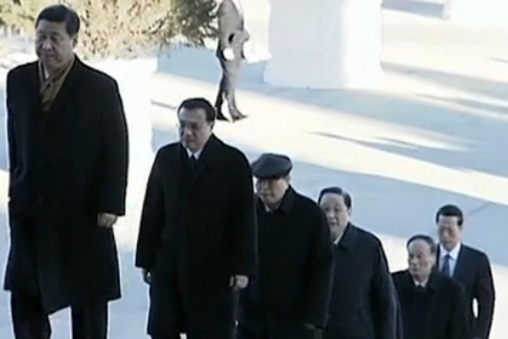 Xi Jinping leads the Politburo Standing Committee members into Mao's mausoleum. Photo: SCMP
