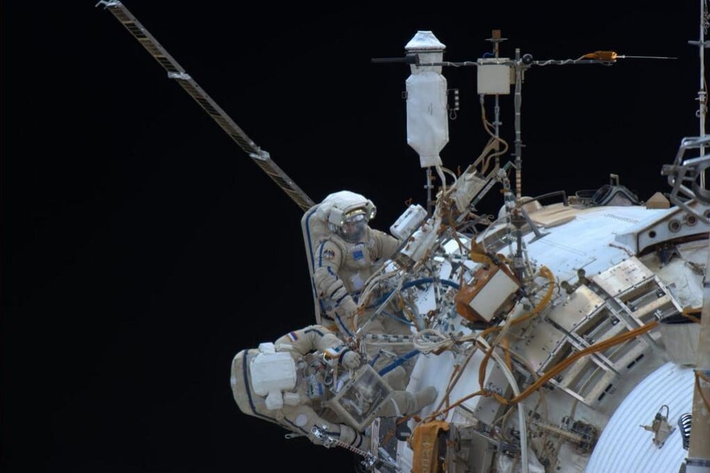 The Russians at work on the space station exterior. The Canadian cameras failed to transmit, and had to be taken back in. Photo: Nasa