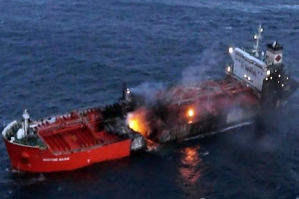 The blaze on oil tanker Maritime Maisie. Photo: SCMP