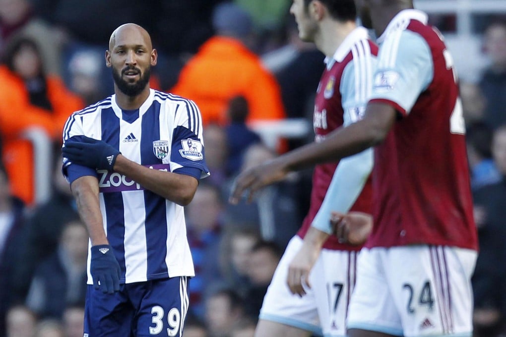 West Brom's Nicolas Anelka puts his left arm to his right chest after scoring against West Ham. Some in France believe it is an anti-Semitic gesture and the FA has promised to investigate. Photo: AFP