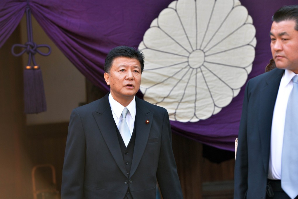 Japanese Internal Affairs and Communication Minister Yoshitaka Shindo leaves the controversial Yasukuni Shrine in Tokyo on January 1, 2014. Photo: AFP