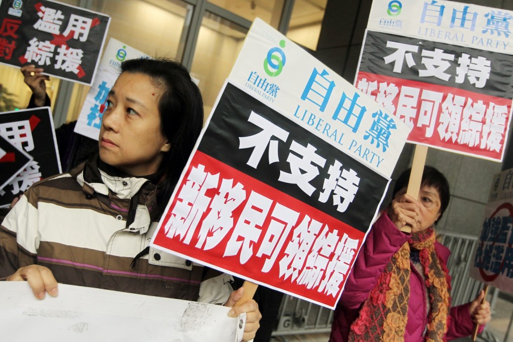 Members of Liberal Party stage a protest on December 17, 2013 after Court of Final Appeal ruled the government's policy of excluding new immigrants from its welfare programme is unconstitutional. Photo: SCMP/Sam Tsang