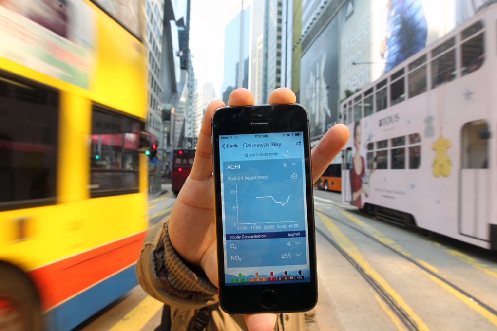 A photo illustration showing the Air Quality Health Index (AQHI) mobile application on the streets of Causeway Bay.