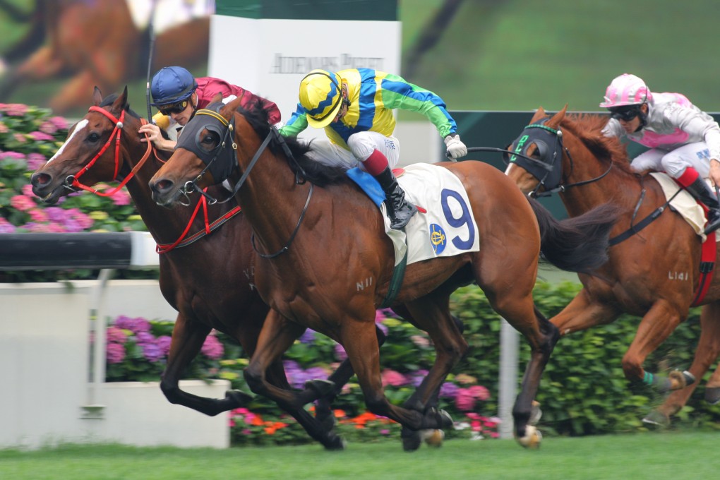 Tye Angland (inside, Go Baby Go) and Olivier Doleuze (outside, Rich Tapestry) went stride for stride in the Group Two Sprint Cup in April, with Doleuze just winning. Who would win a battle off the track? Photo: Kenneth Chan