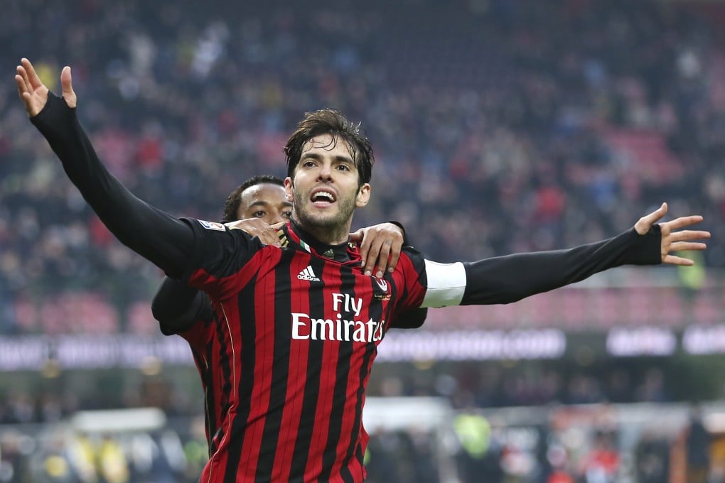 Kaka celebrates after scoring his 100th goal for AC Milan. Photo: AP