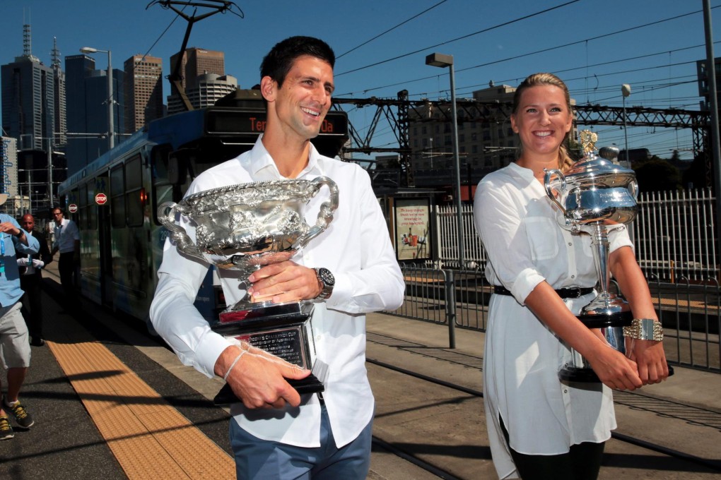 Defending champions Novak Djokovic and Victoria Azarenka at a photo shoot on Friday for the Australian Open. Photo: EPA