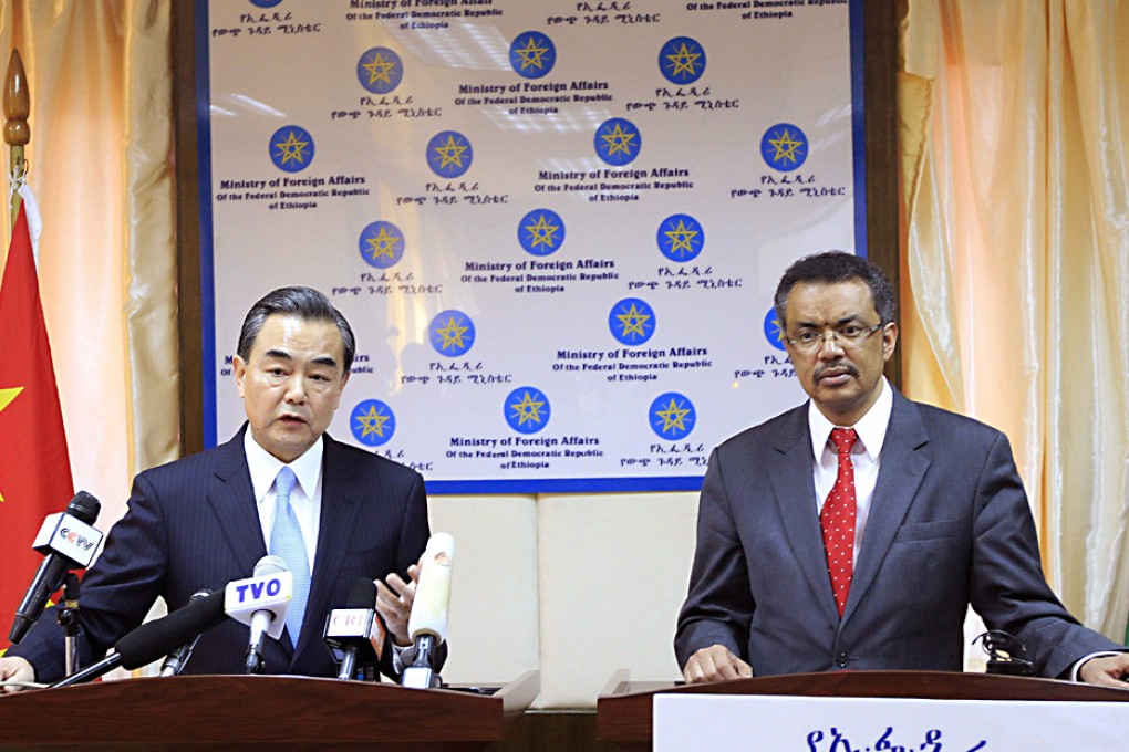 China'a Foreign Minister Wang Yi (left) gives a press conference with his Ethiopian counterpart, Tedros Adhanom in the Ethiopian capital, Addis Ababa. Photo: AFP
