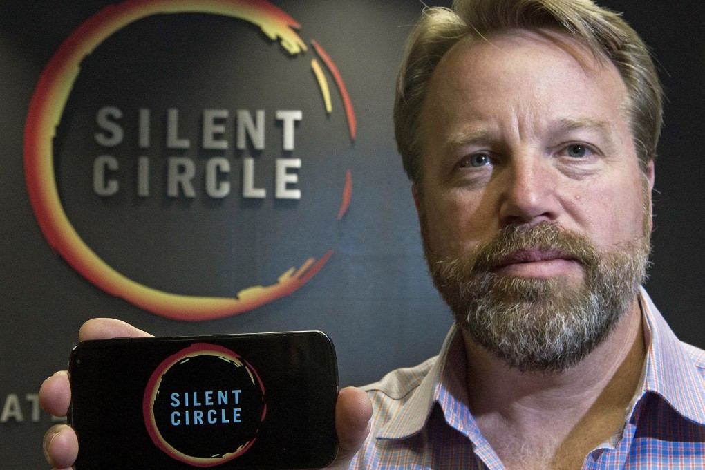 Silent Circle chief Mike Janke with a smartphone similar in styling to the new encrypted Blackphone, which is being kept under wraps until its launch next month. Photo: AFP
