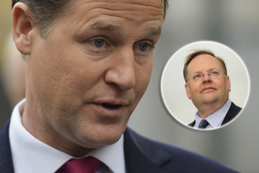 Britain's Deputy Prime Minister and Liberal Democrat Party leader Nick Clegg (left) has called for Liberal Democrat peer Chris Rennard (inset) to apologise over sexual harassment claims. Photo: Reuters, Screenshot via Twitter