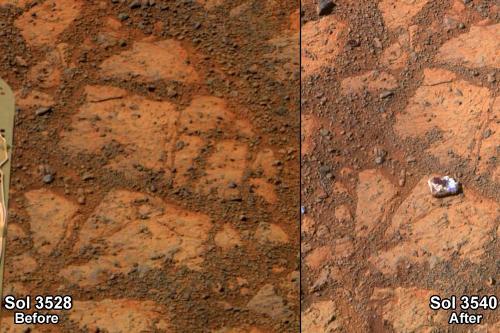 An Nasa image (left) taken in December, and the same area this month with the addition of the white rock. Photo: AP