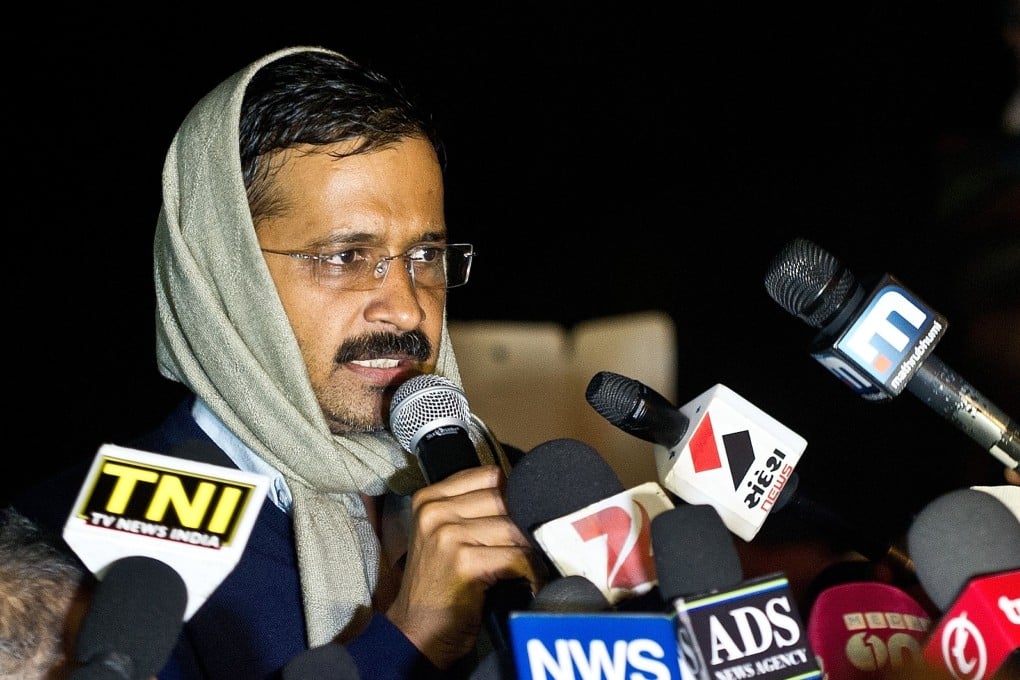New Delhhi Chief Minister Arvind Kejriwal addresses media at the site of his sit-in protest on Tuesday. Photo: AFP