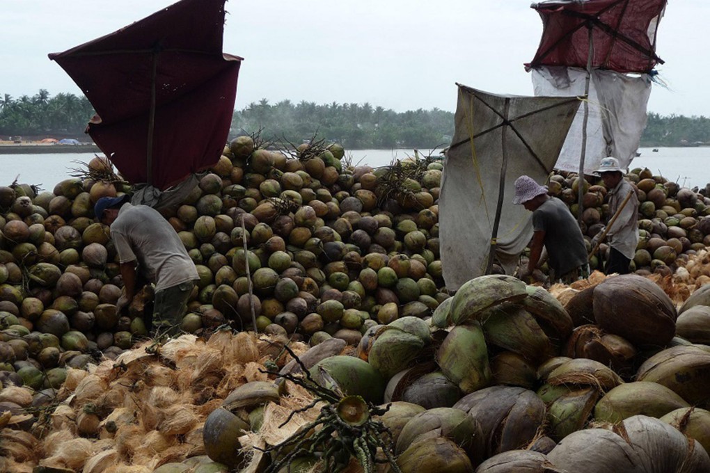 Splitting coconuts along the Mekong Delta. Photo: Tom Yam