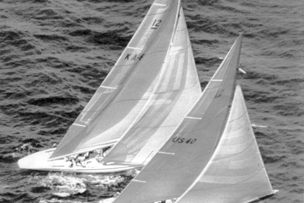 Australia II (top) and Liberty are side by side as they head down the first leg during the second race in the best-of-seven series in the America's Cup on September 15, 1983. Photo: SMP Pictures