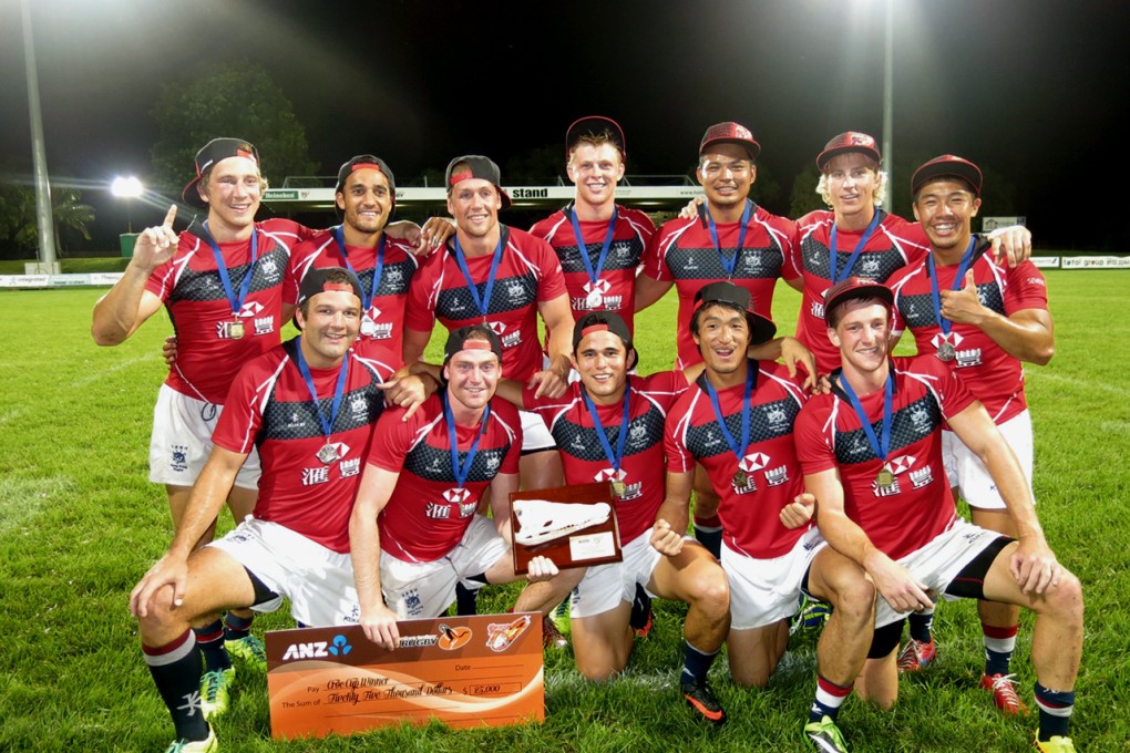 Hong Kong celebrate winning the final at Darwin’s “Hottest Sevens in the World” on Sunday. Photos: HKRFU