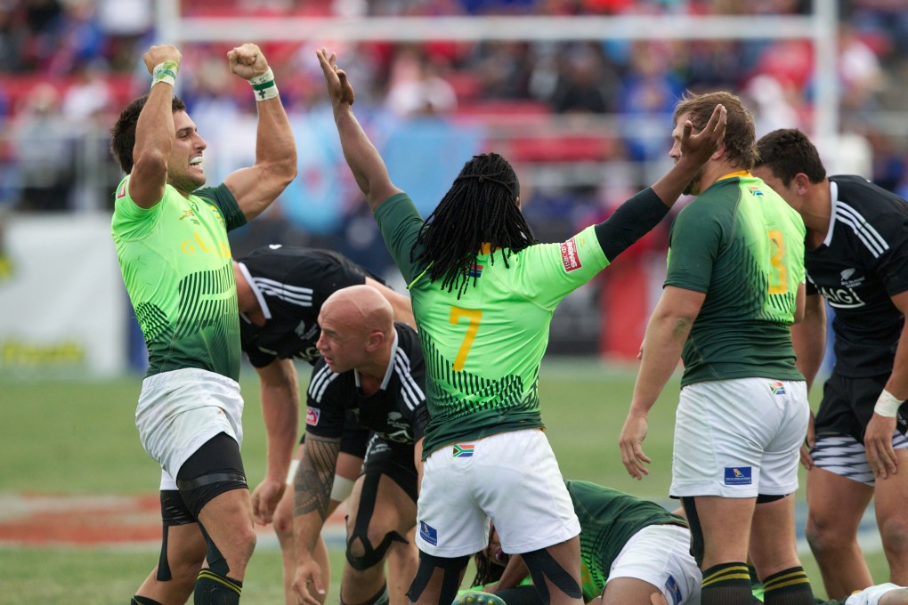 South Africa celebrate winning the Cup at the USA Sevens in Las Vegas on Sunday. Photo: IRB/Martin Seras Lima