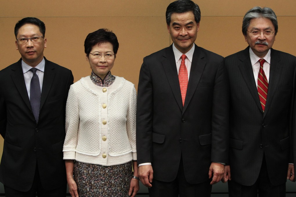 (From left) Secretary for Justice Rimsky Yuen, Chief Secretary for Administration Carrie Lam, Chief Executive Leung Chun-ying, and Financial Secretary John Tsang. Hong Kong leaders must stand up for city's best interests in political reform. Photo: David Wong