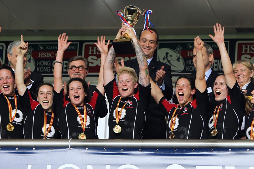 Defending champions Canada celebrate after winning the Cup at the 2013 Hong Kong Women's Sevens. Photo: Felix Wong/SCMP