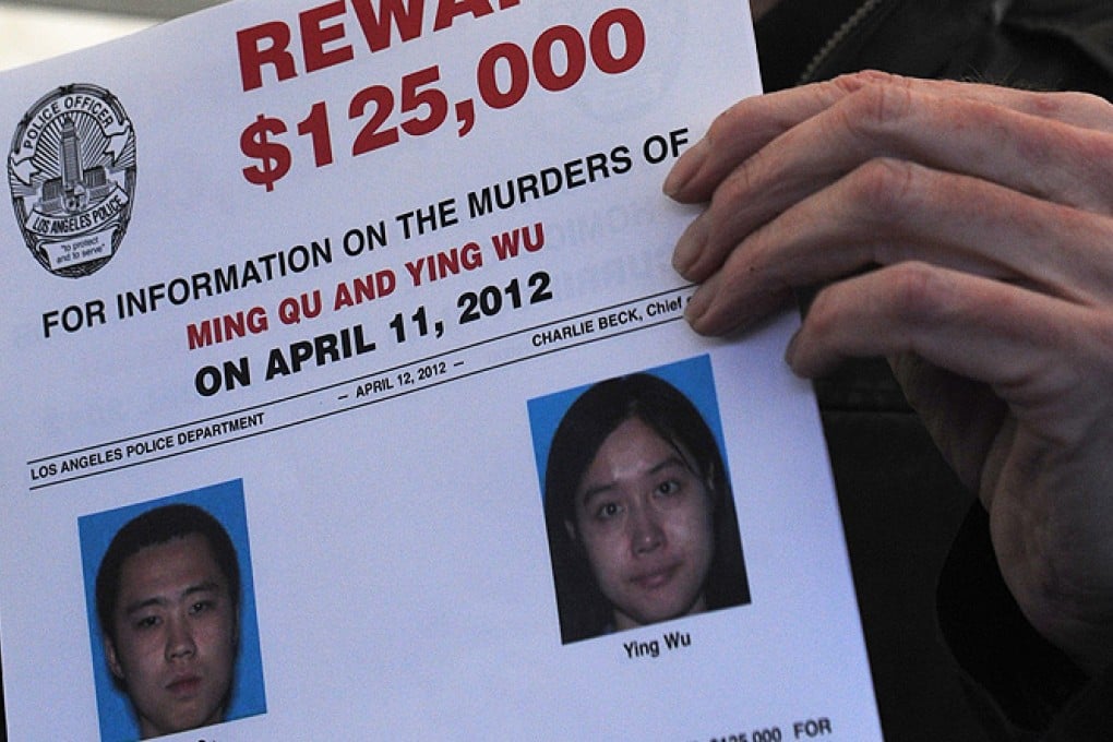 A poster offering a reward for information about the dual murder is seen at a 2012 press conference in Los Angeles. Photo: Xinhua