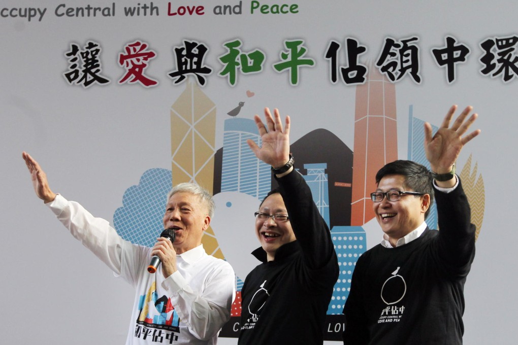 Chu Yiu-ming, Benny Tai, and Chan Kin-man, founders of Occupy Central movement, at a protest in Wan Chai. Photo: Sam Tsang