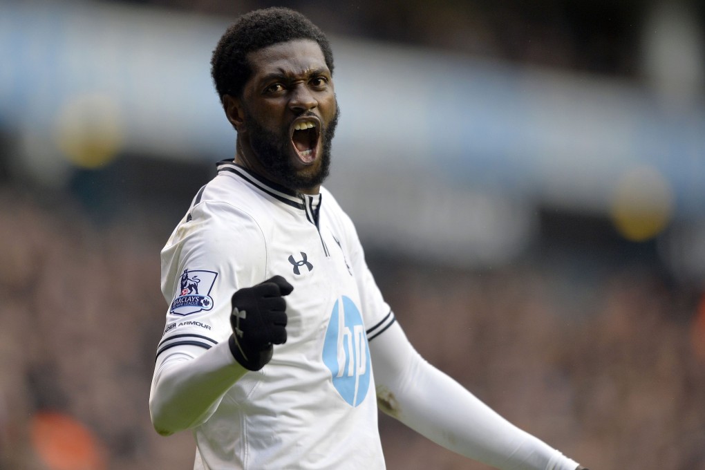 Tottenham Hotspur's Emmanuel Adebayor celebrates his goal against Everton during their English Premier League game at White Hart Lane. Photo: Reuters