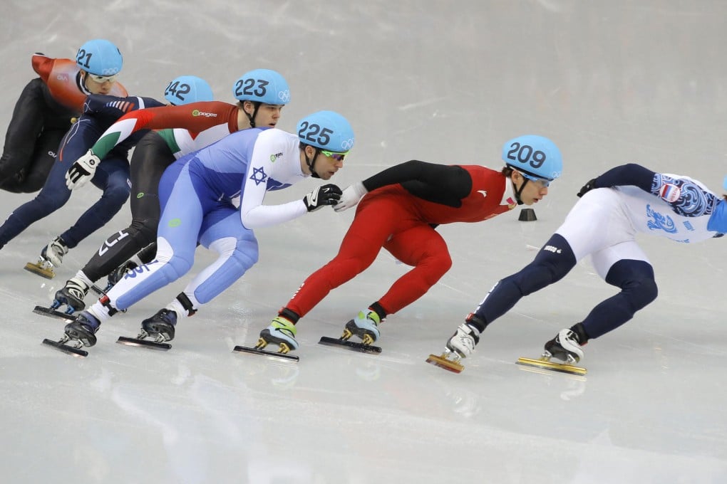 Hong Kong's Barton Lui trails the pack of speed skaters in his heat. Photo: AP