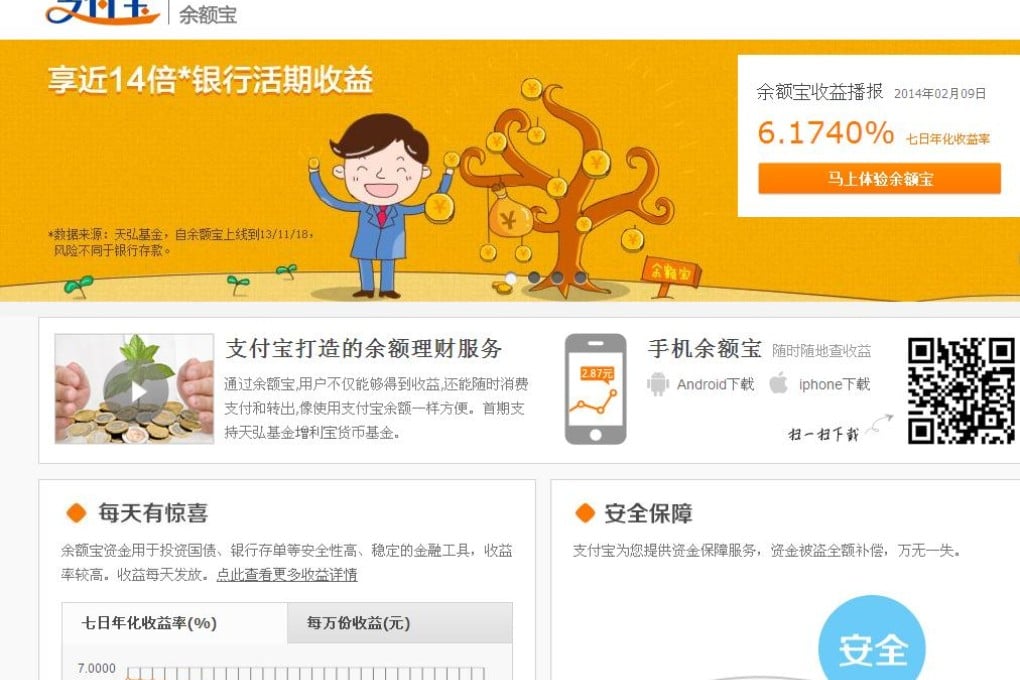 Yuebao offers savers higher interest rates than bank deposits do. Photo: Alipay.com website