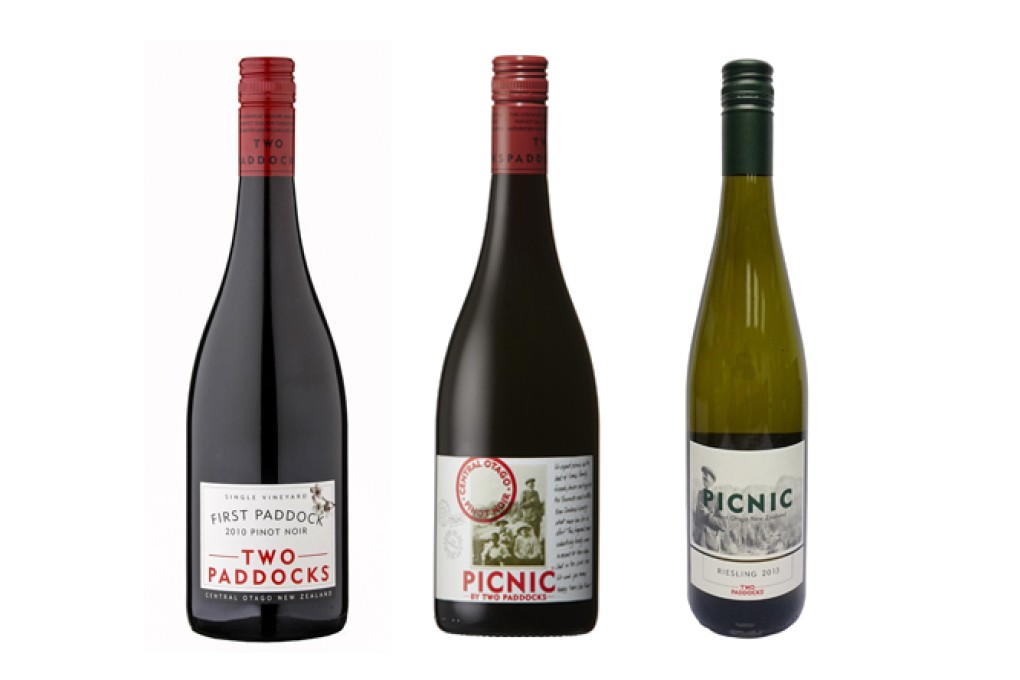From left: Two Paddocks First Paddock Pinot Noir 2010, Two Paddocks Picnic Central Otago Pinot Noir 2010 and Two Paddocks Picnic Central Otago Riesling 2013.