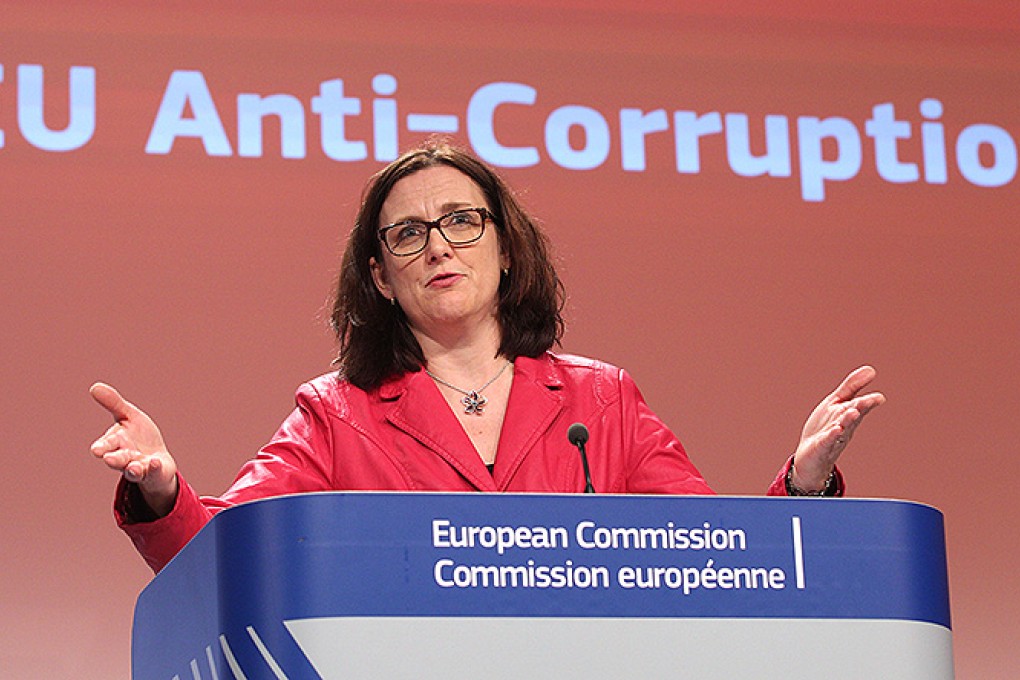 European Commissioner for Home Affairs Cecilia Malmstrom addresses the media on the cost of corruption in the EU in Brussels. Photo: AP