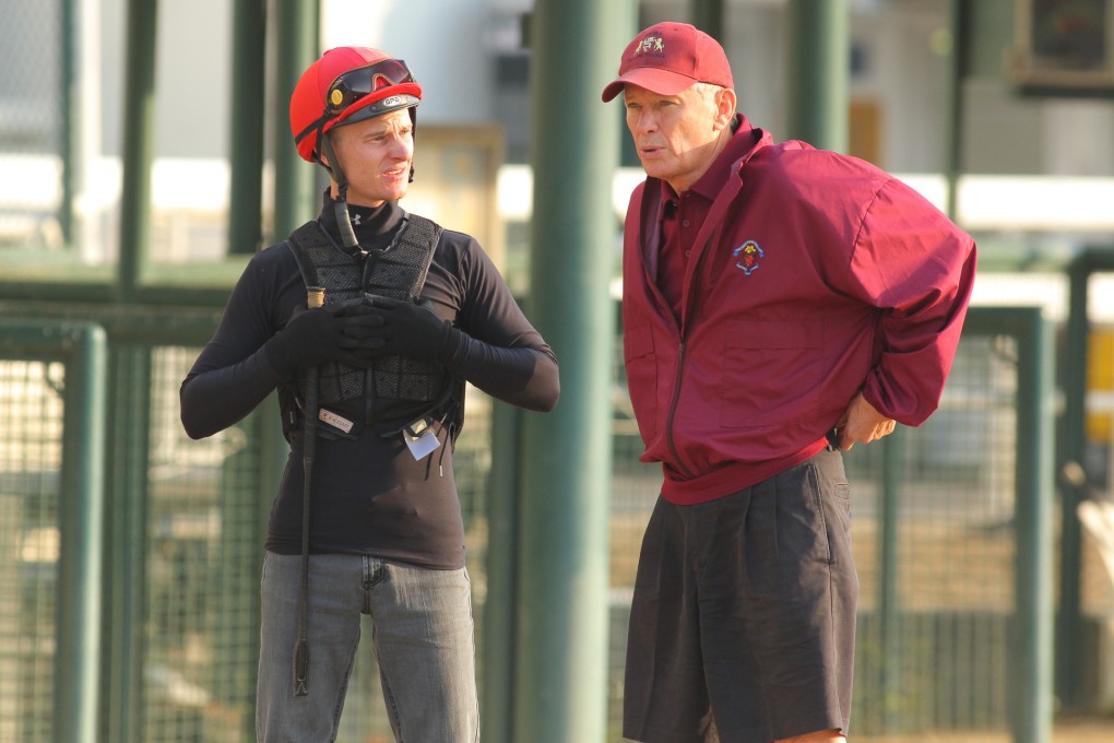 A sight unlikely to be seen again any time soon – Zac Purton and John Moore at trackwork earlier this season. Photo: Kenneth Chan