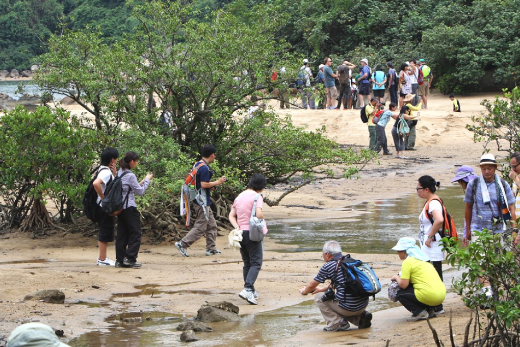 Friends of Hoi Ha and other environmental activists march from Tai Tan in Sai Kung to Hoi Ha Wan to express their anger over the government's decision to allow housing development in the lands near Hoi Ha Marine Park. Photo: Nora Tam