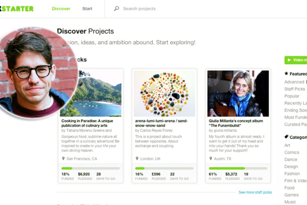 Kickstarter co-founder Yancey Strickler (inset) and the website that let people raise money from donors for projects. Photos: Screenshot via Facebook, Kickstarter