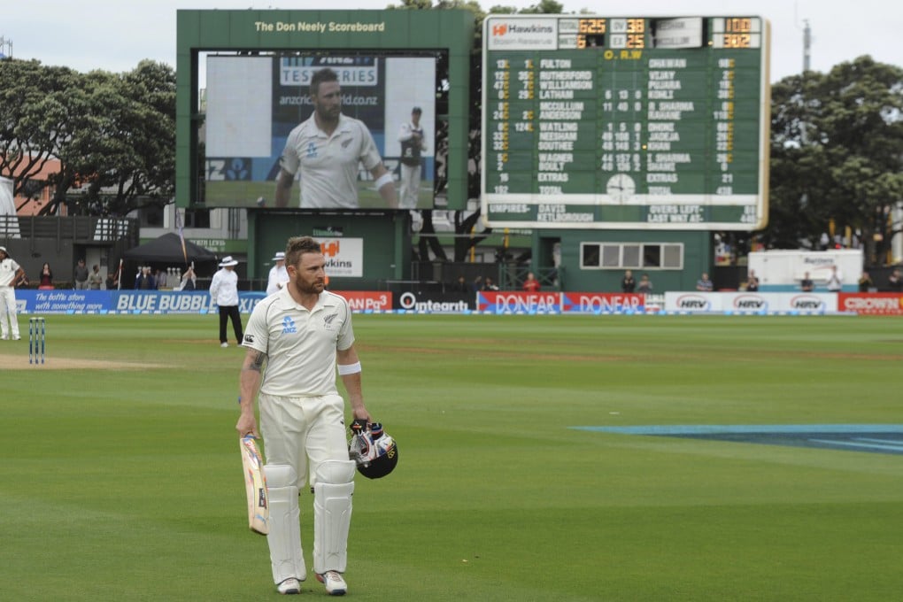 Brendon McCullum walks off, out for 302. Photo: AP