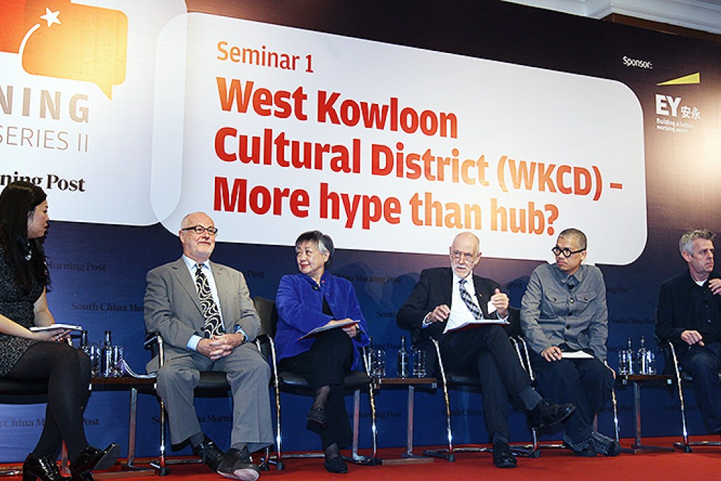 SCMP senior reporter Vivienne Chow, West Kowloon Cultural District Authority chief executive officer Michael Lynch, Hong Kong Arts Festival executive director Tisa Ho, Hong Kong Academy for Performing Arts director Adrian Walter, Hong Kong designer and artist Stanley Wong, and Foster + Partners partner Colin Ward, attend a seminar of "West Kowloon Cultural District - More hype than hub?", at the JW Marriott Hotel in Admiralty. Photo: Dickson Lee
