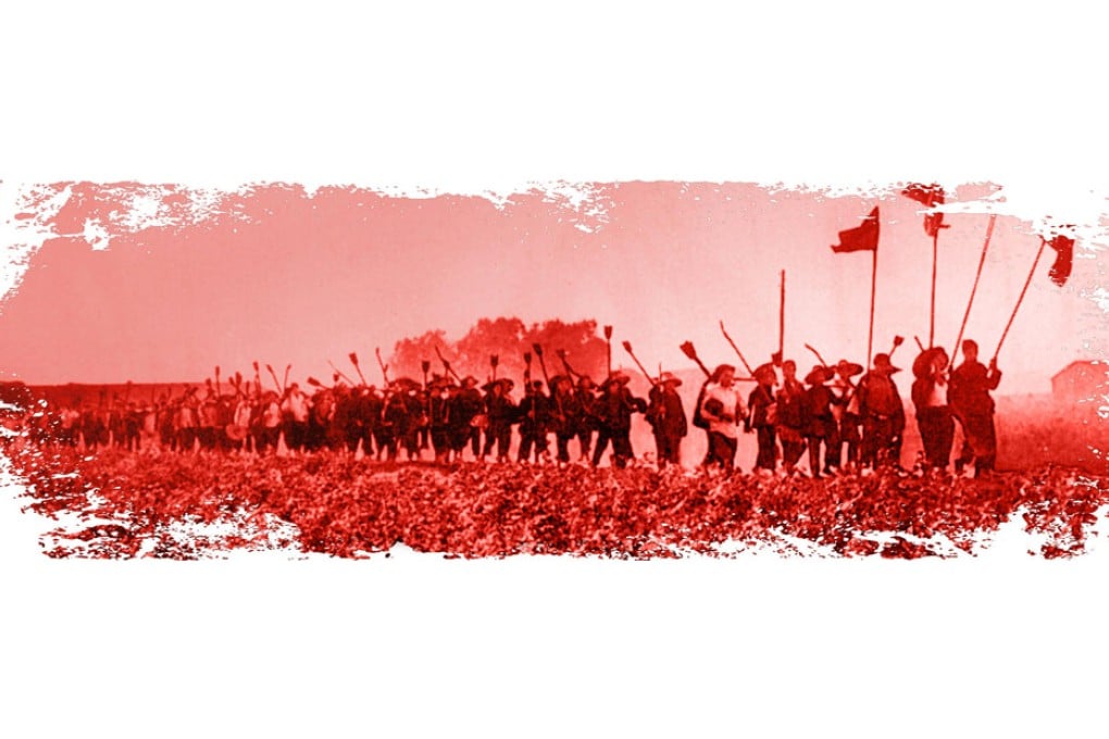 Workers march behind red flags in 1959, during the forced collectivisation of Mao Zedong's Great Leap Forward. The ensuing famine is the subject of several recent books. Photo: Xinhua