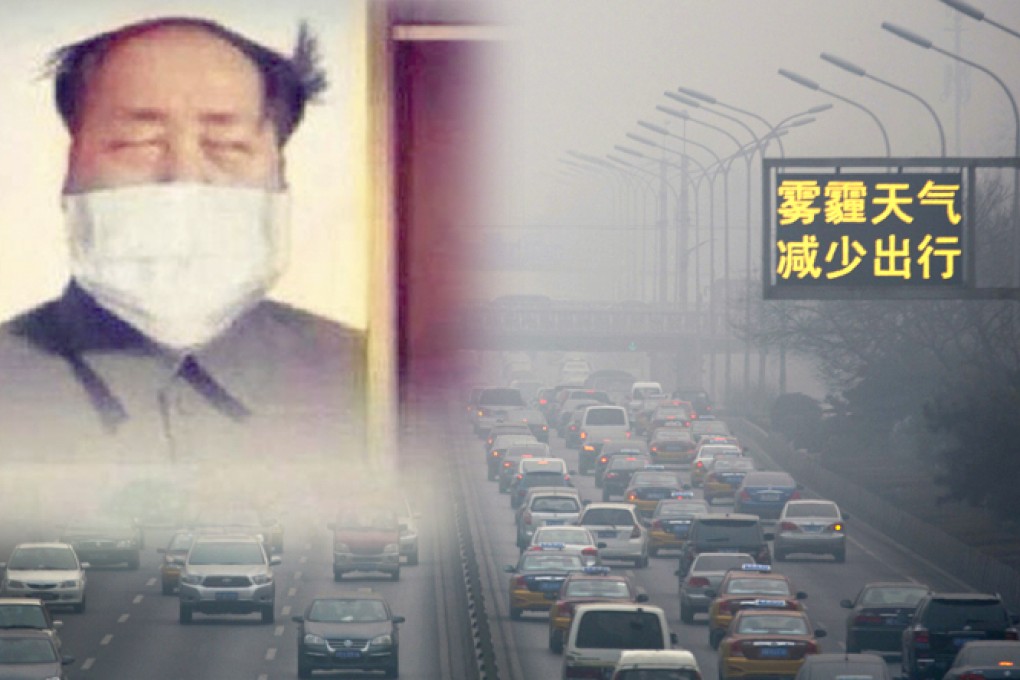 The heavy smog in Beijing (above) prompted jokes such as a doctored photo of Mao Zedong's anti-haze tactics (inset). Photo: AP, Screenshot via Weibo