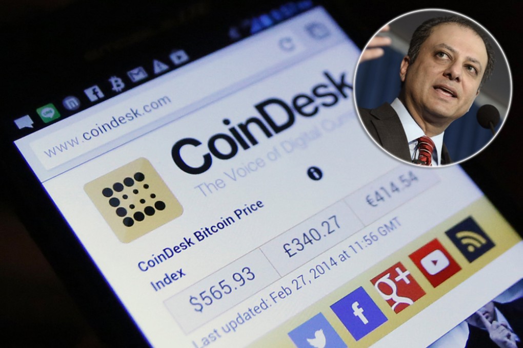 A smartphone display shows the average bitcoin exchange rates. Manhattan federal prosecutor Preet Bharara (inset) has sent subpoenas to Mt Gox. Photos: Reuters, EPA